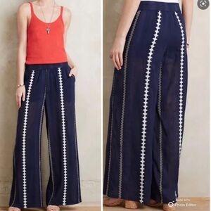 Anthropologie Ranna Gill Navy embroidered Darlington Palazzo pants NWT